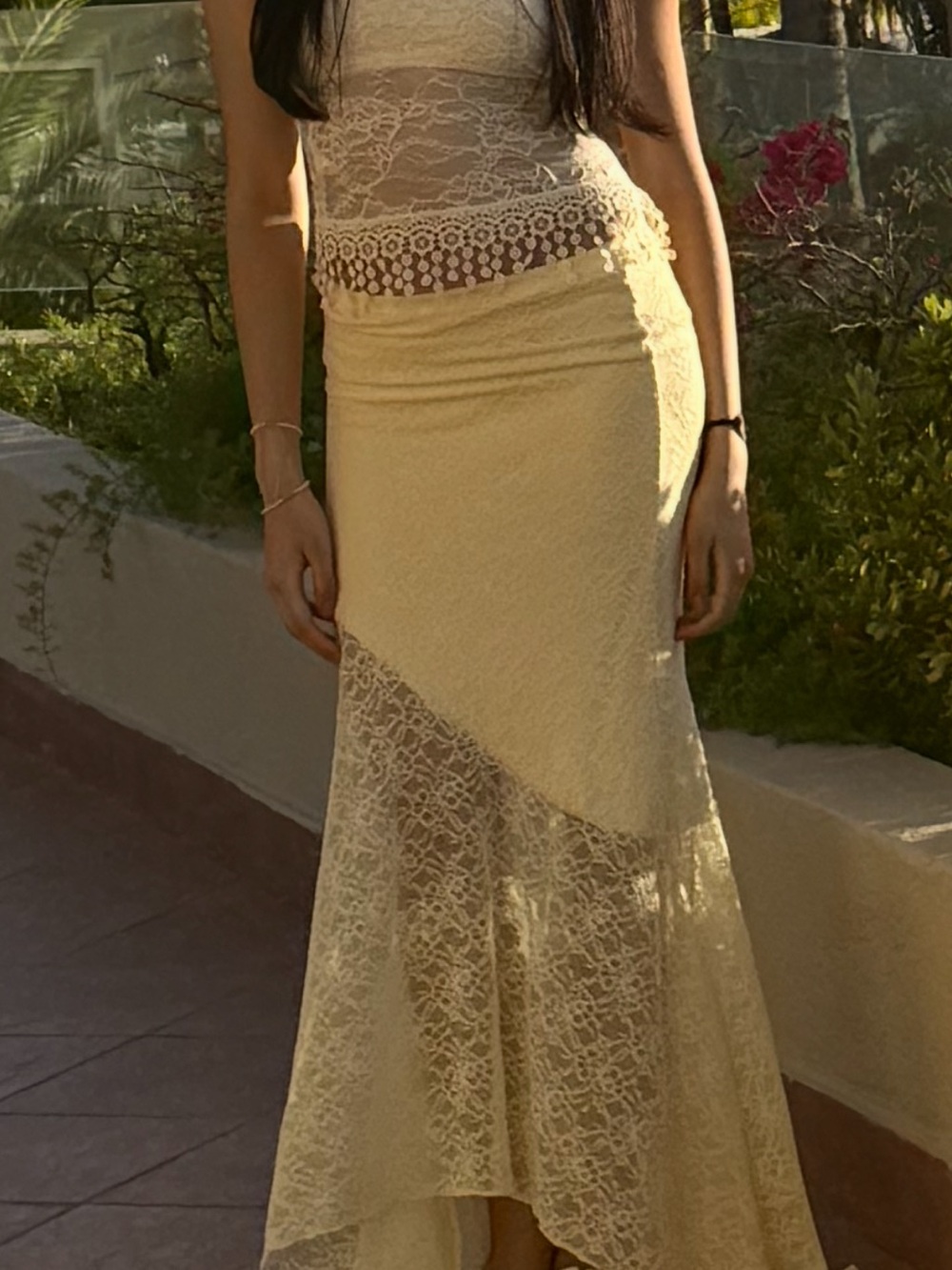Lace Panel Strapless Top & Maxi Skirt in Yellow